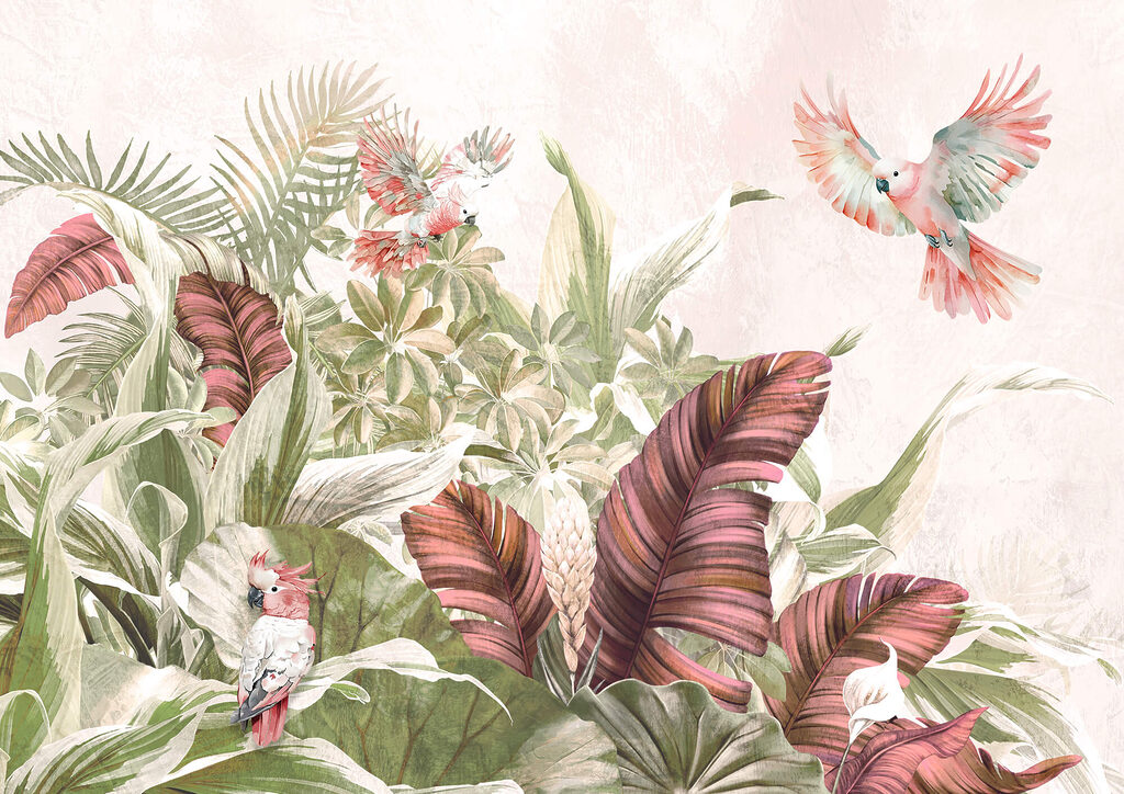 Parrots among large flowers — full design