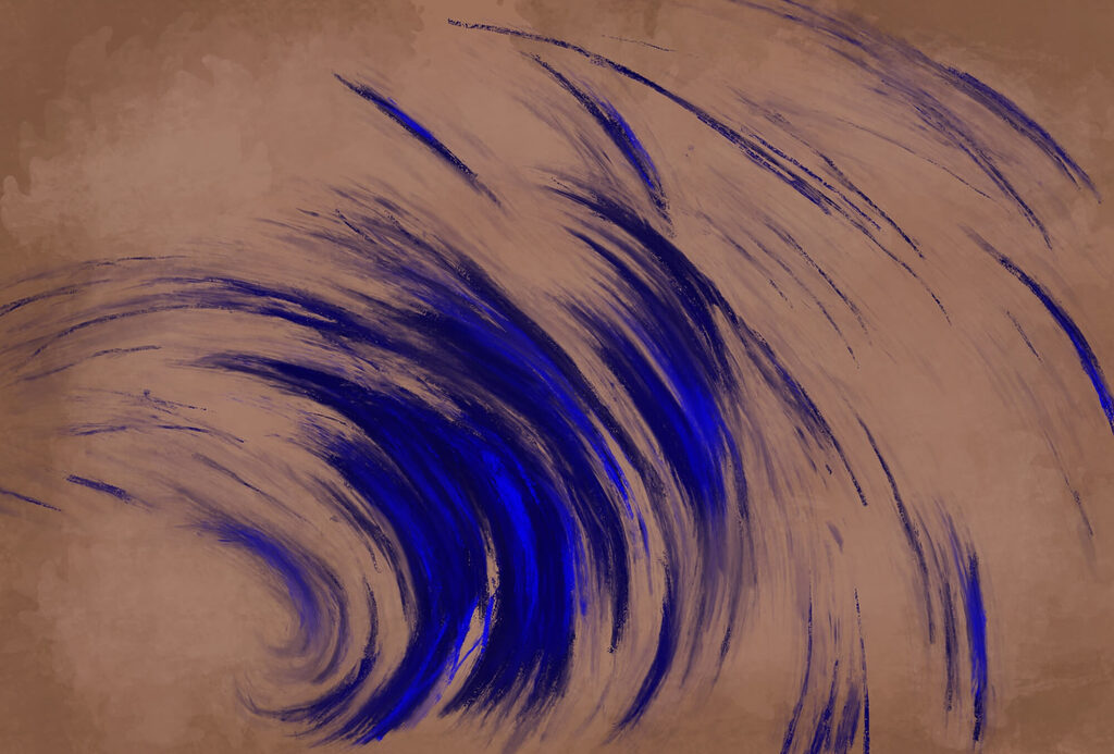 Blue brushstrokes turning — full design