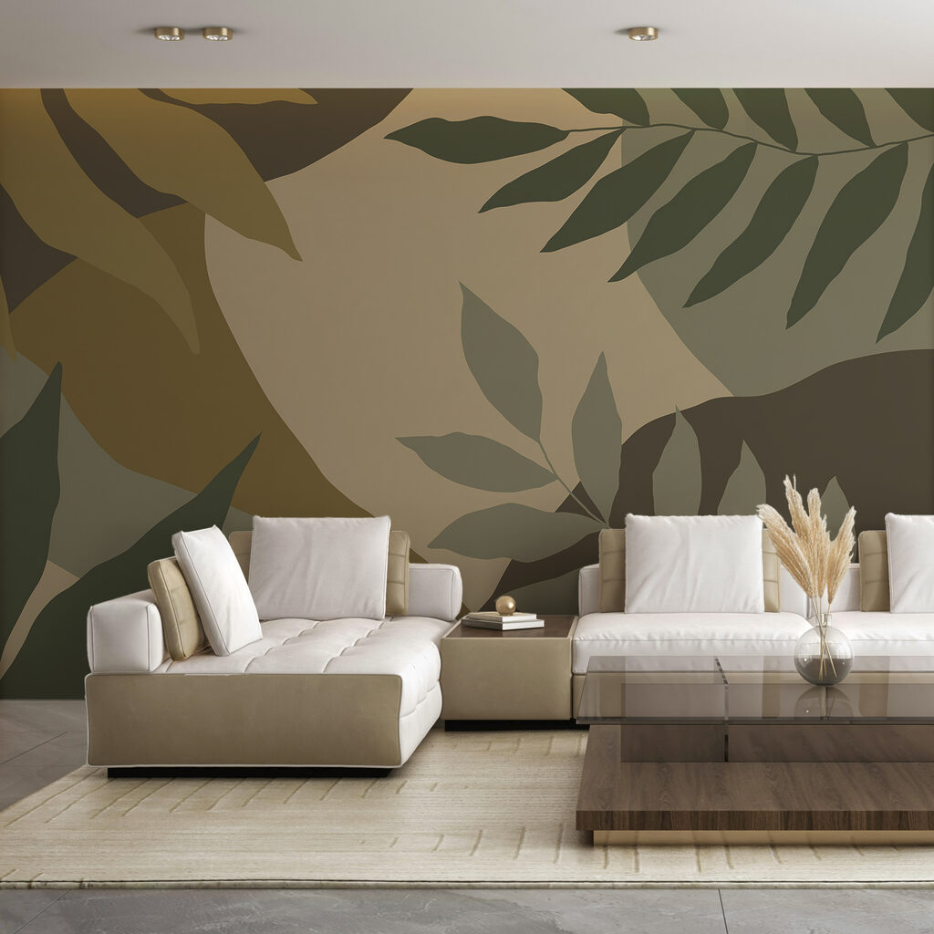 Leaves over colour blocks — interior 1