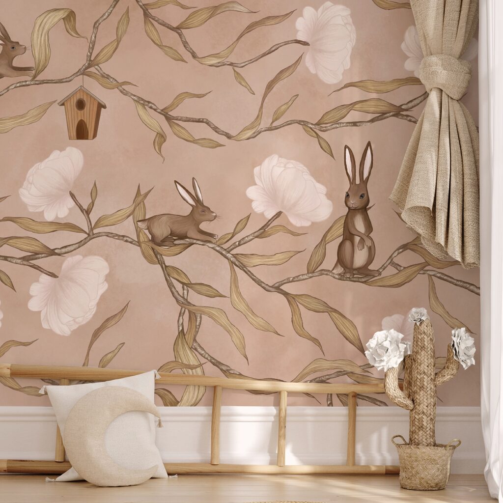 Rabbits on blossom branches — interior 1