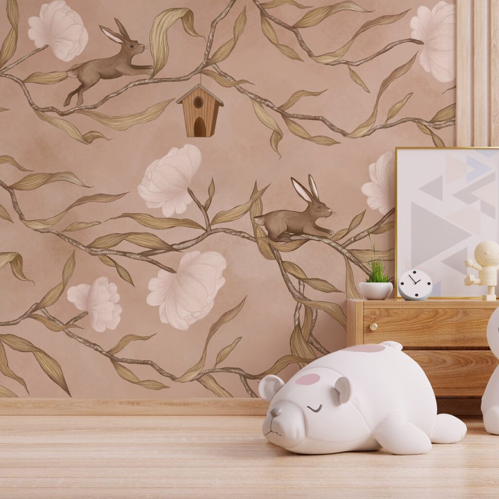 Rabbits on blossom branches — interior 2