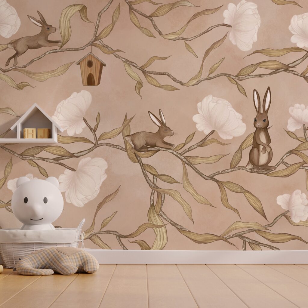 Rabbits on blossom branches — interior 3