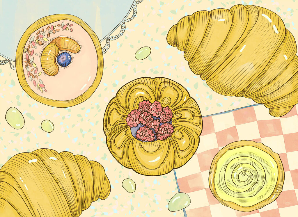 Croissants and colourful pastries — full design