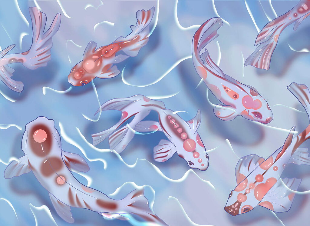 Fish among blue ripples — full design