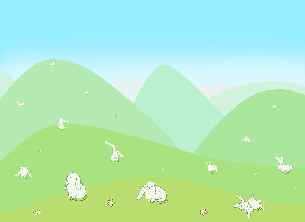 Rabbits on green hills — full design