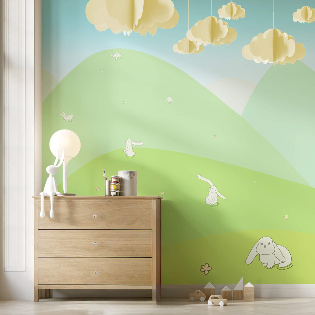 Rabbits on green hills — interior 1