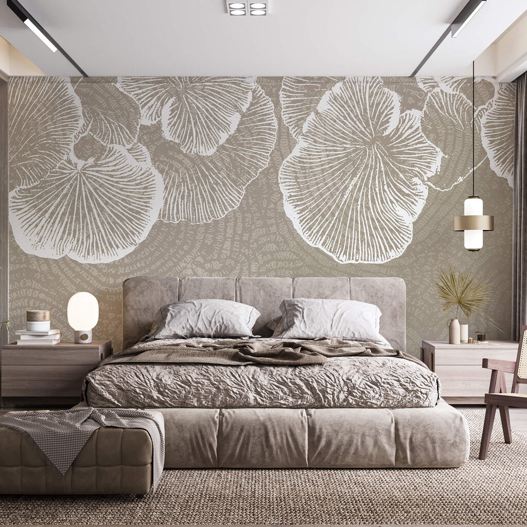 White leaves on taupe — interior 1