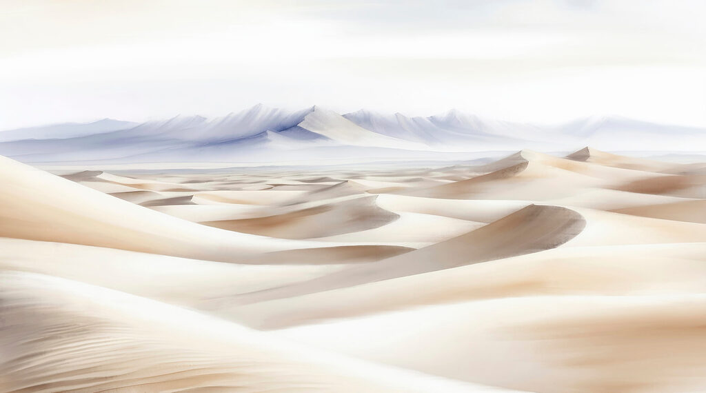 Pale dunes before mountains — full design