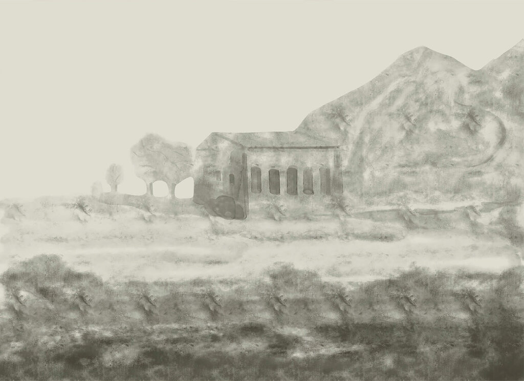 Old building in mist — full design