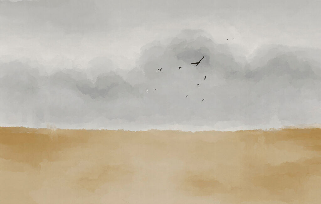 Birds above ochre land — full design