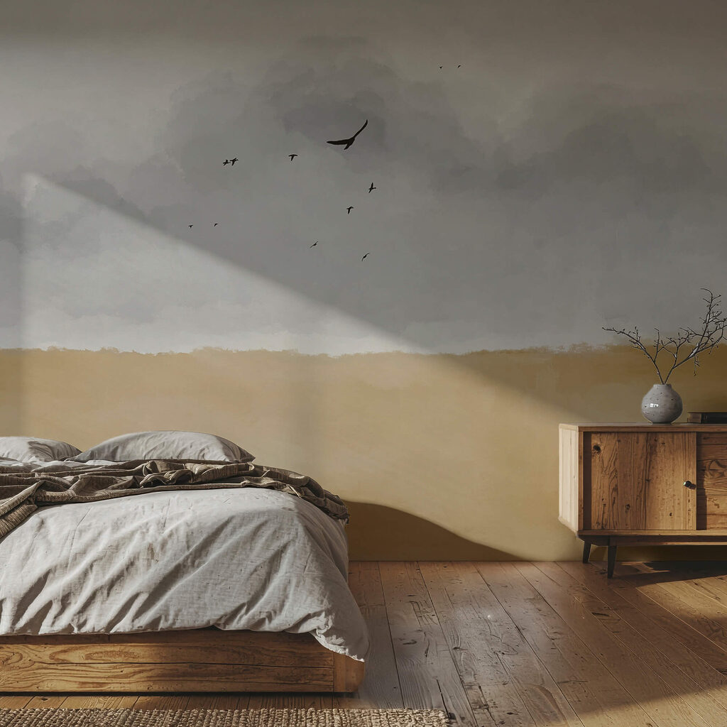 Birds above ochre land — interior 2