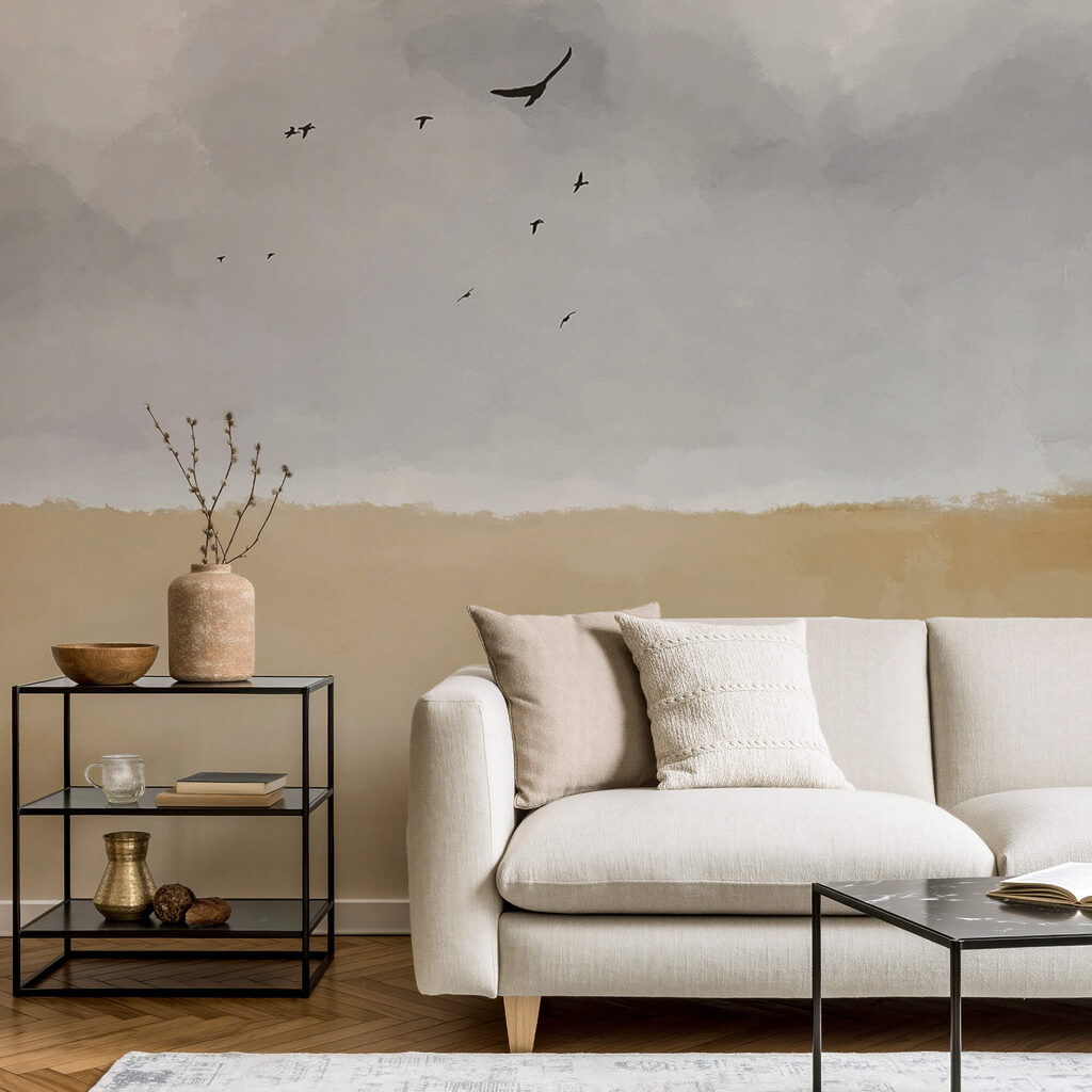 Birds above ochre land — interior 1