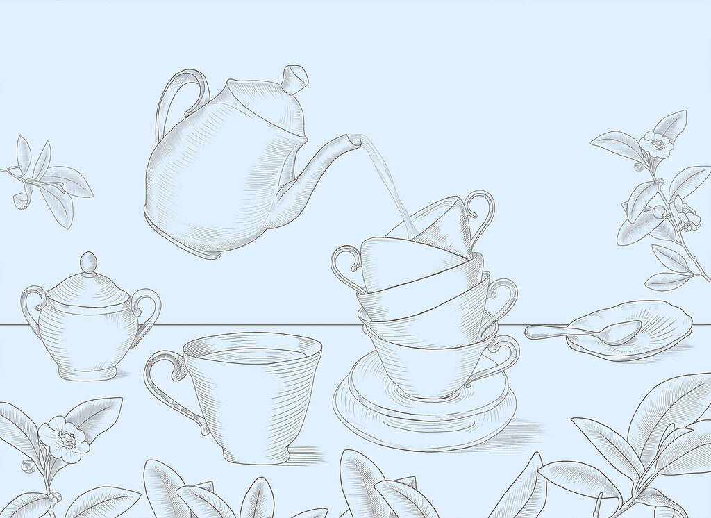 Teacups in fine lines — full design