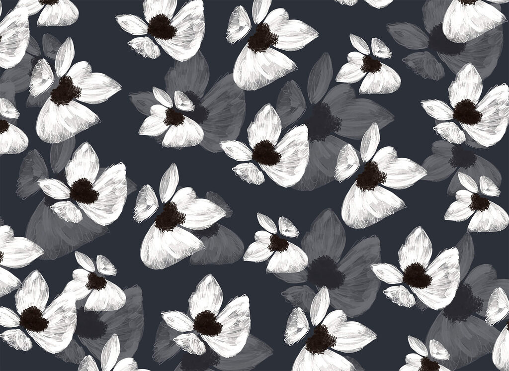White flowers, dark hearts — full design