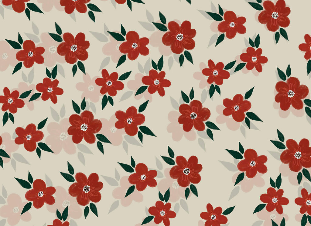 Red flowers among leaves — full design