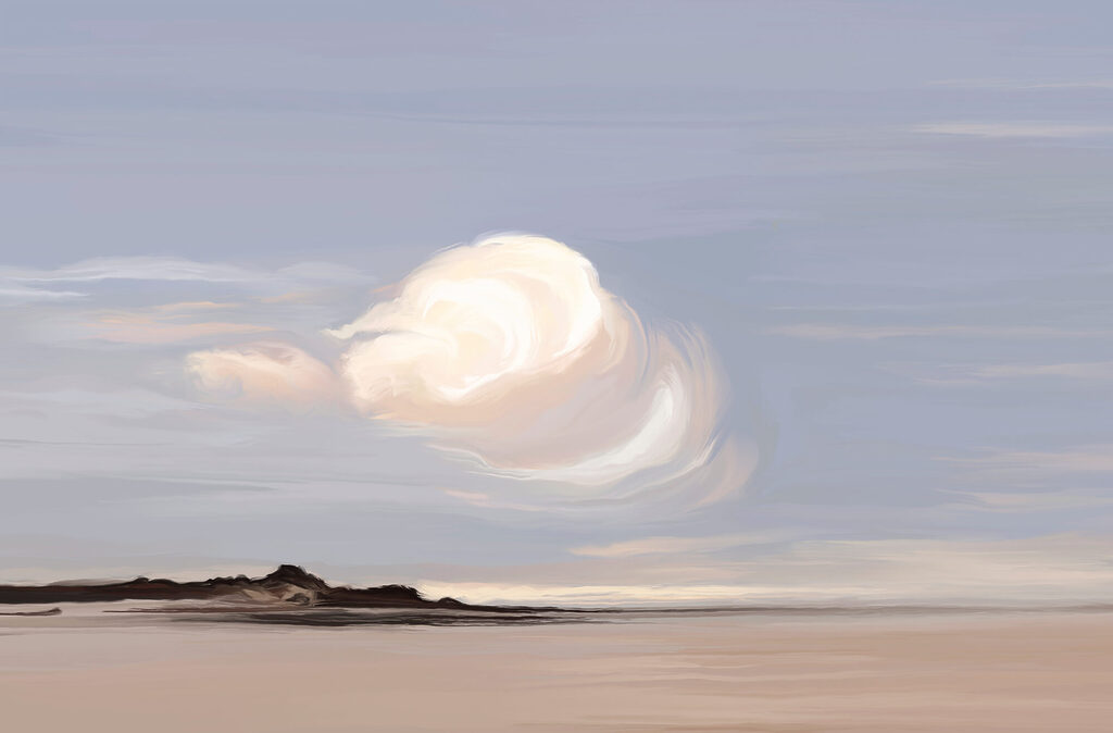 Lone cloud over beach — full design