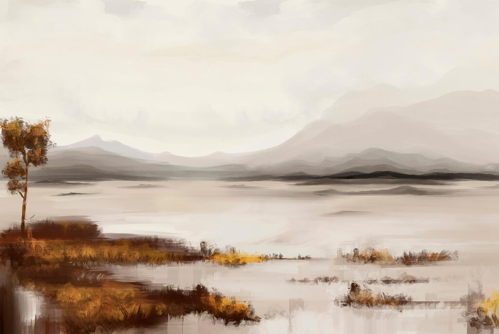 Lake with ochre shore — full design