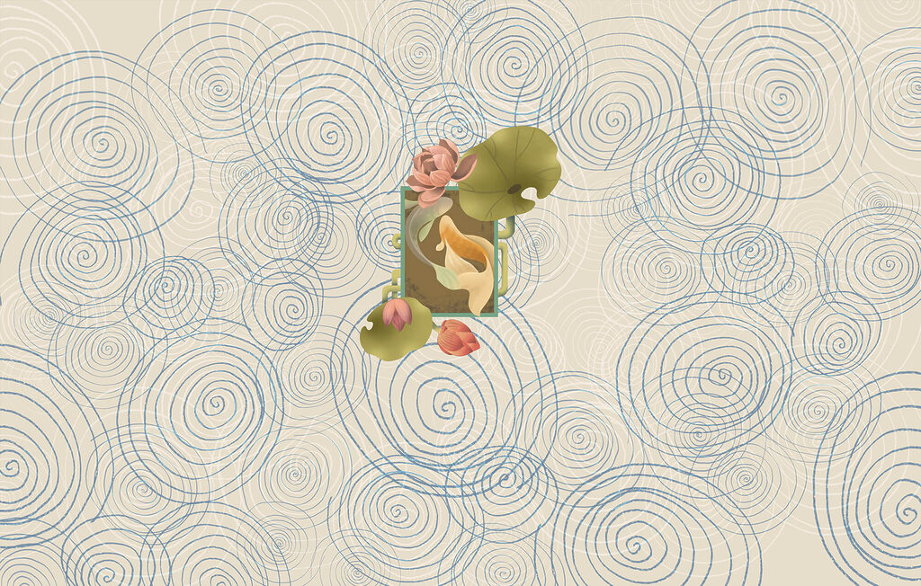 Fish in blue spirals — full design
