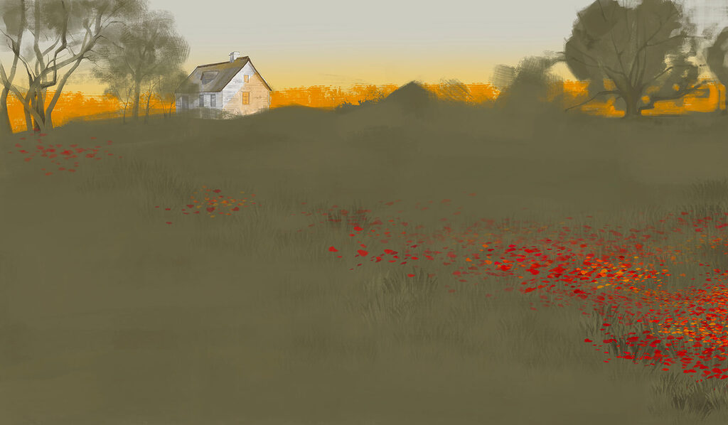 White house above poppies — full design