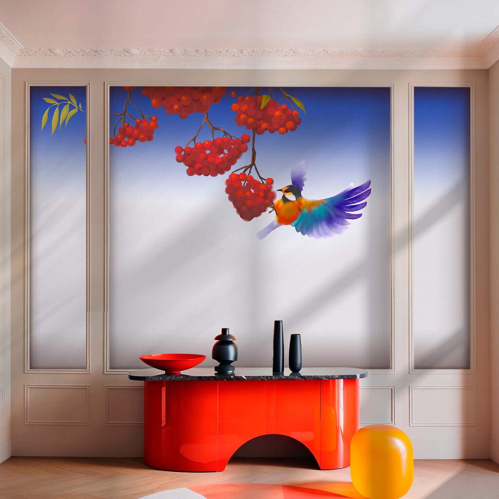 Bird with berry clusters — interior 1