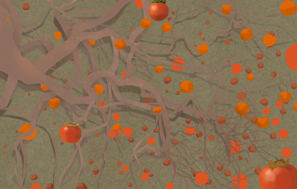 Orange fruits among vines — full design