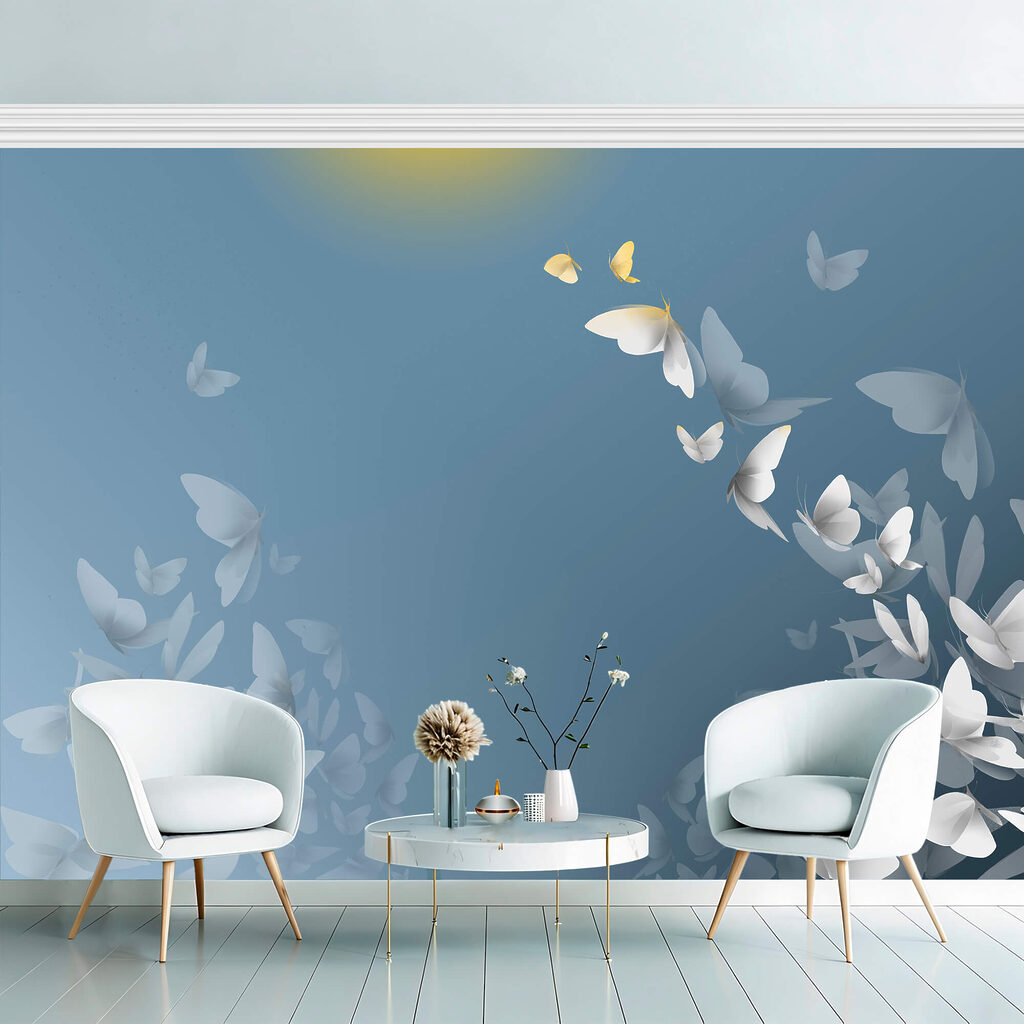 Butterflies rise over blue — interior 1