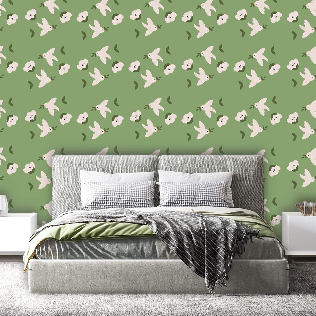 White birds on green — interior 1
