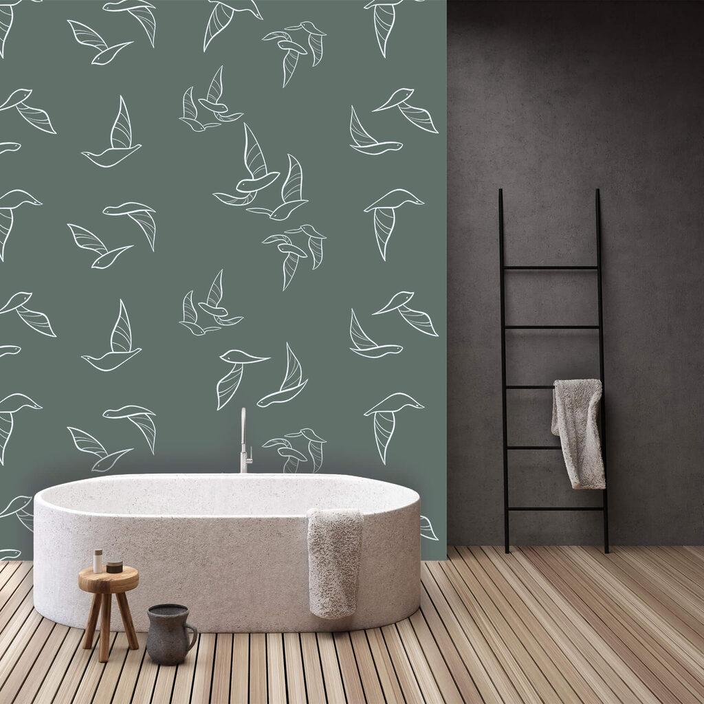 Bird outlines on grey-green — interior 1