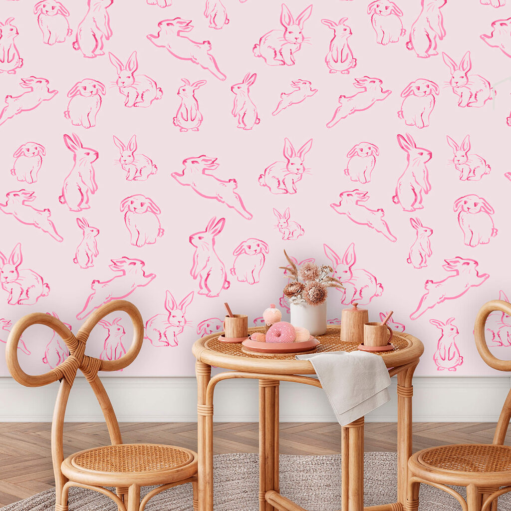 Pink rabbits in lines — interior 2