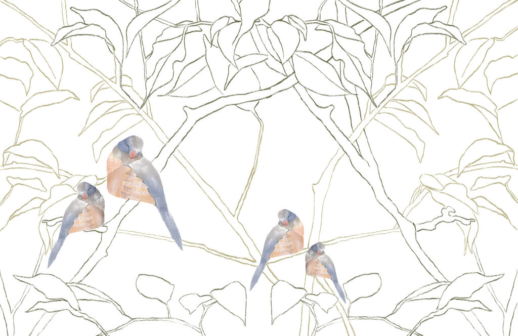 Birds among drawn branches — full design