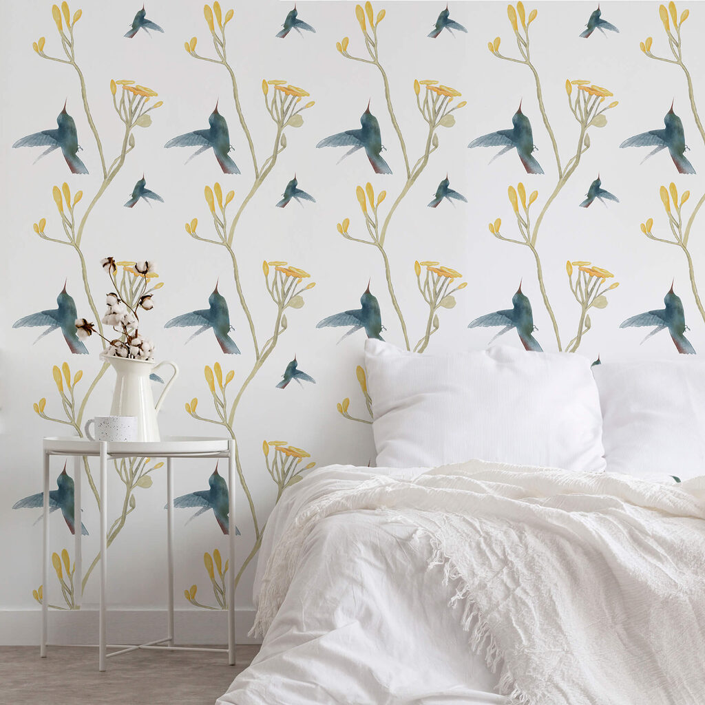 Hummingbirds among yellow flowers — interior 1