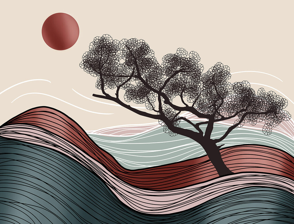 Tree above wavy lines — full design