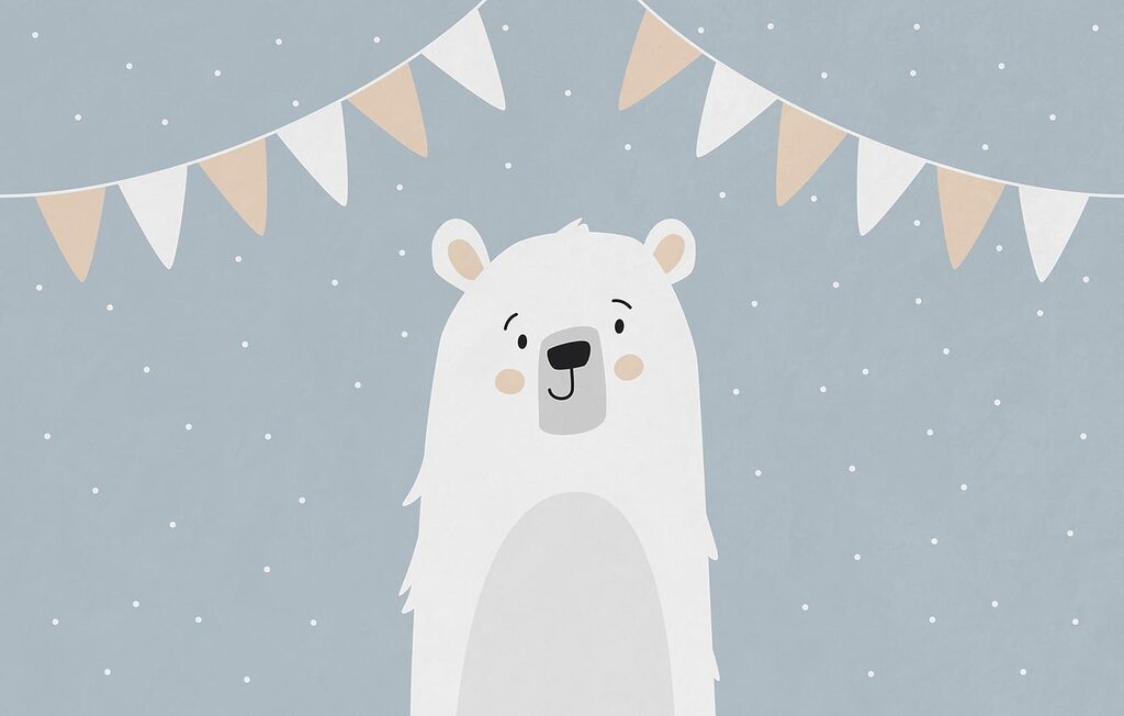 White bear under bunting — full design