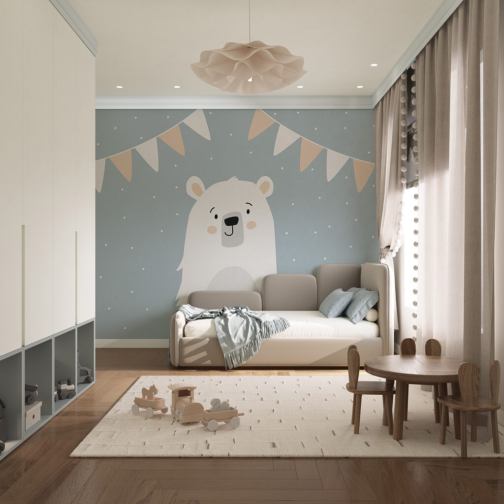 White bear under bunting — interior 1