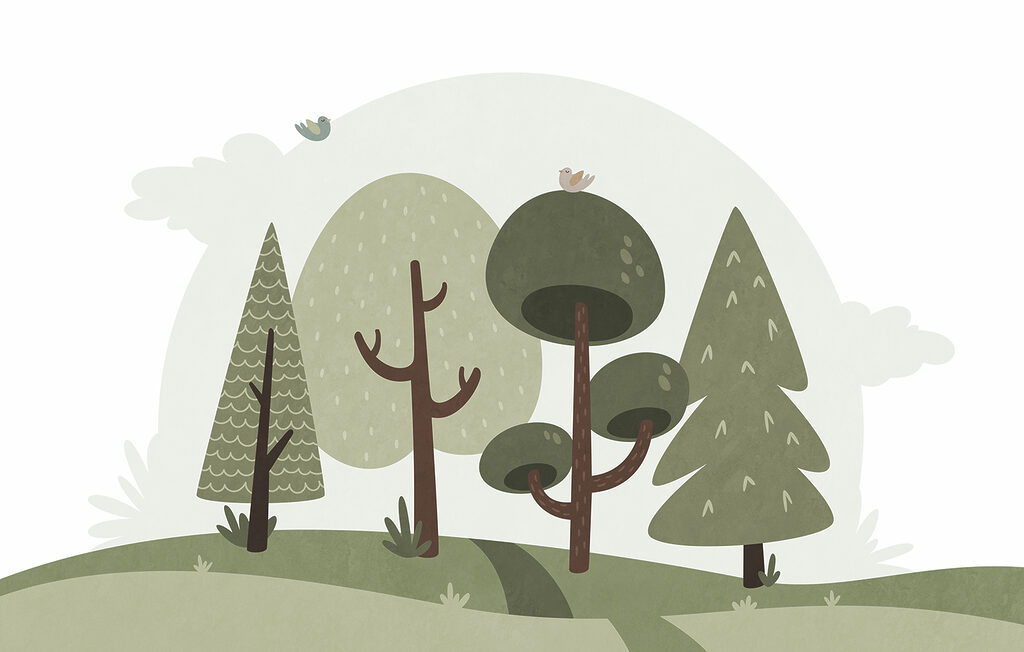 Stylised trees on hills — full design