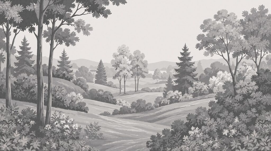 Grey countryside line drawing — full design