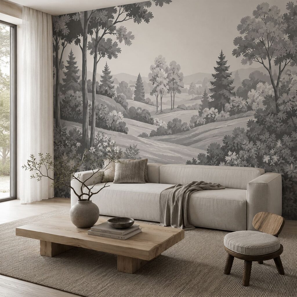Grey countryside line drawing — interior 1