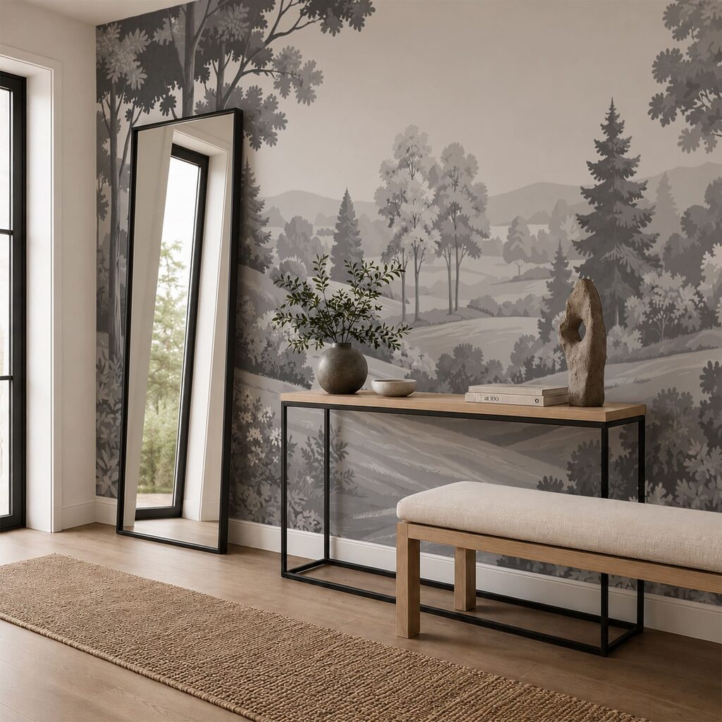 Grey countryside line drawing — interior 2
