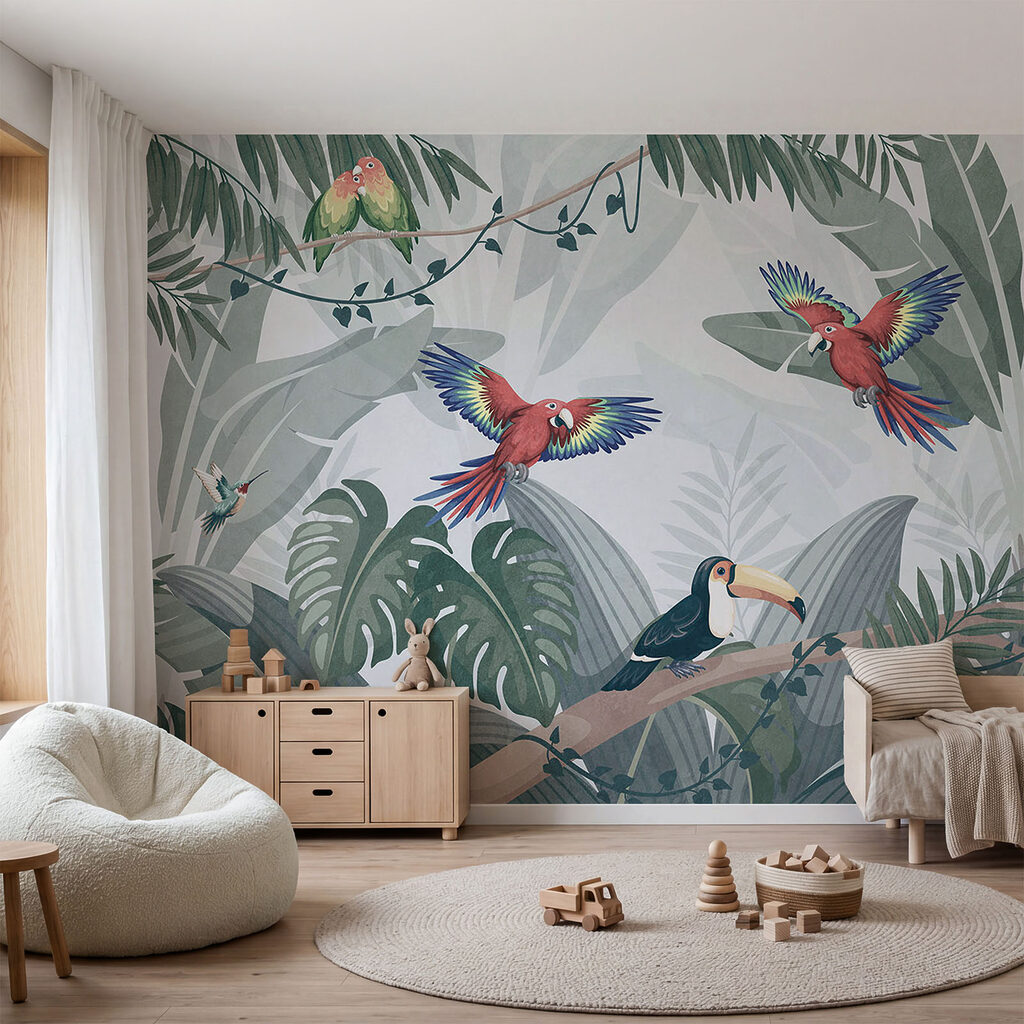 Tropical birds among leaves — interior 1
