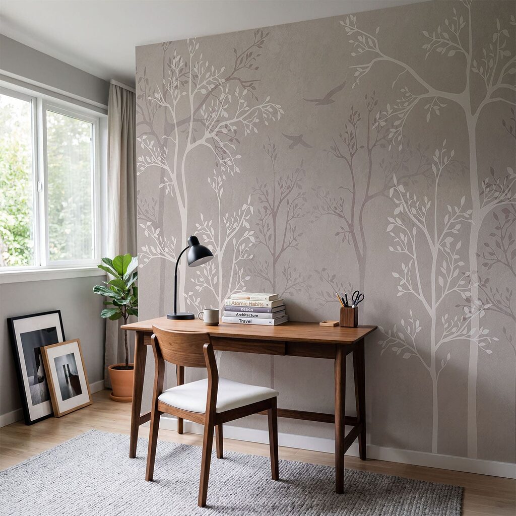 Slender trees in silhouette — interior 1