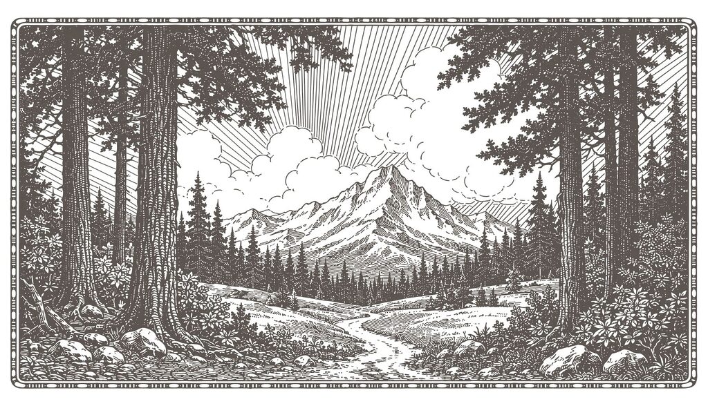 Mountain path and pines — full design