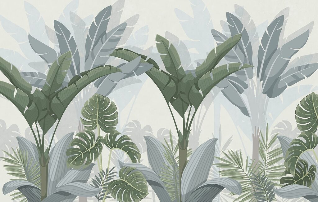 Grey-green tropical leaves — full design