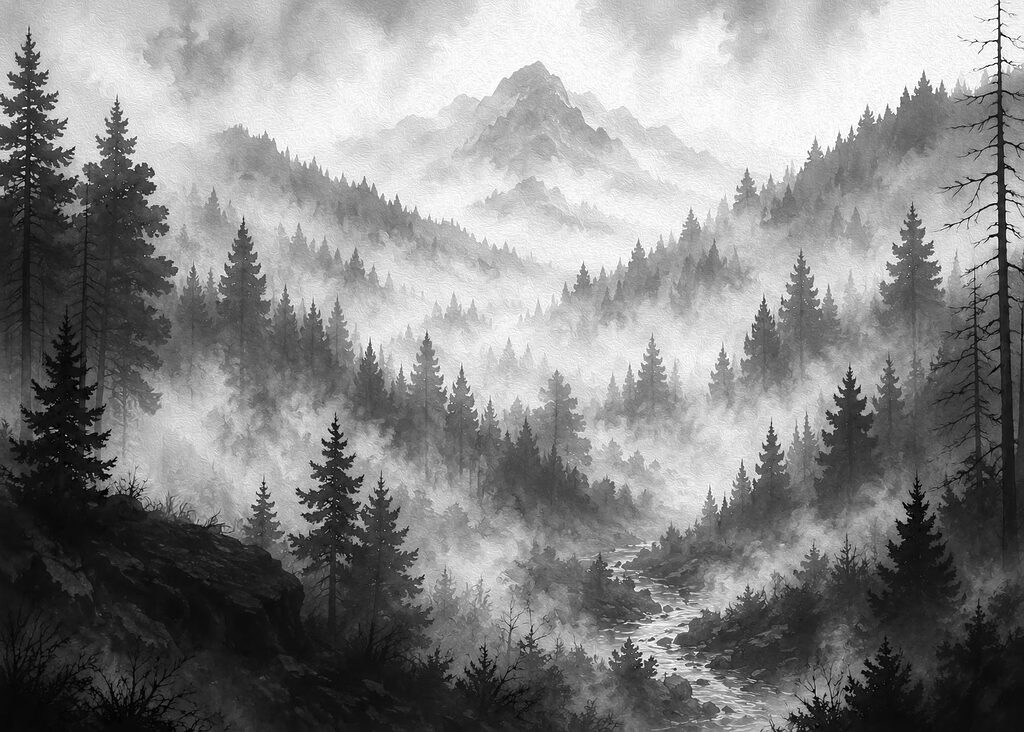 Pine valley in mist — full design