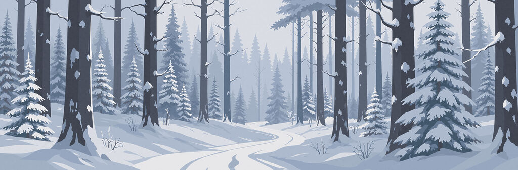 Path between snowy pines — full design