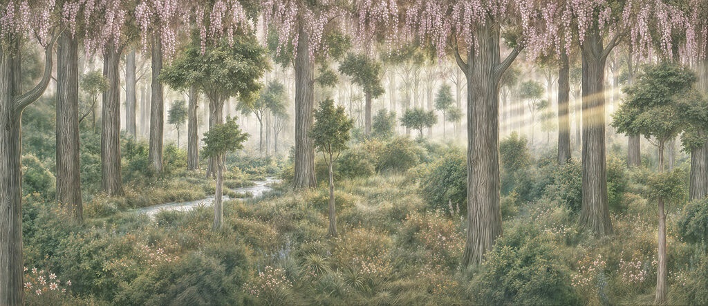 Sunbeams between tall trunks — full design