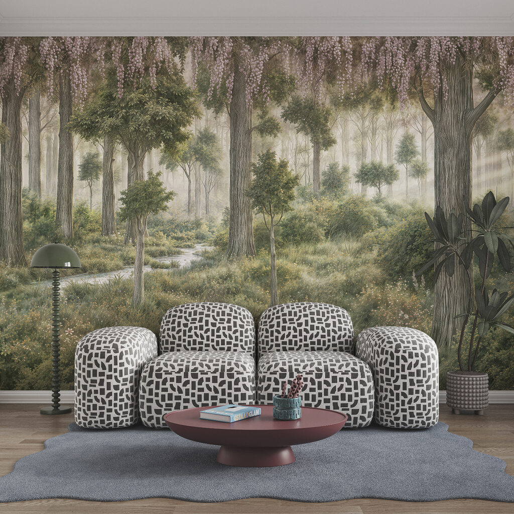 Sunbeams between tall trunks — interior 1