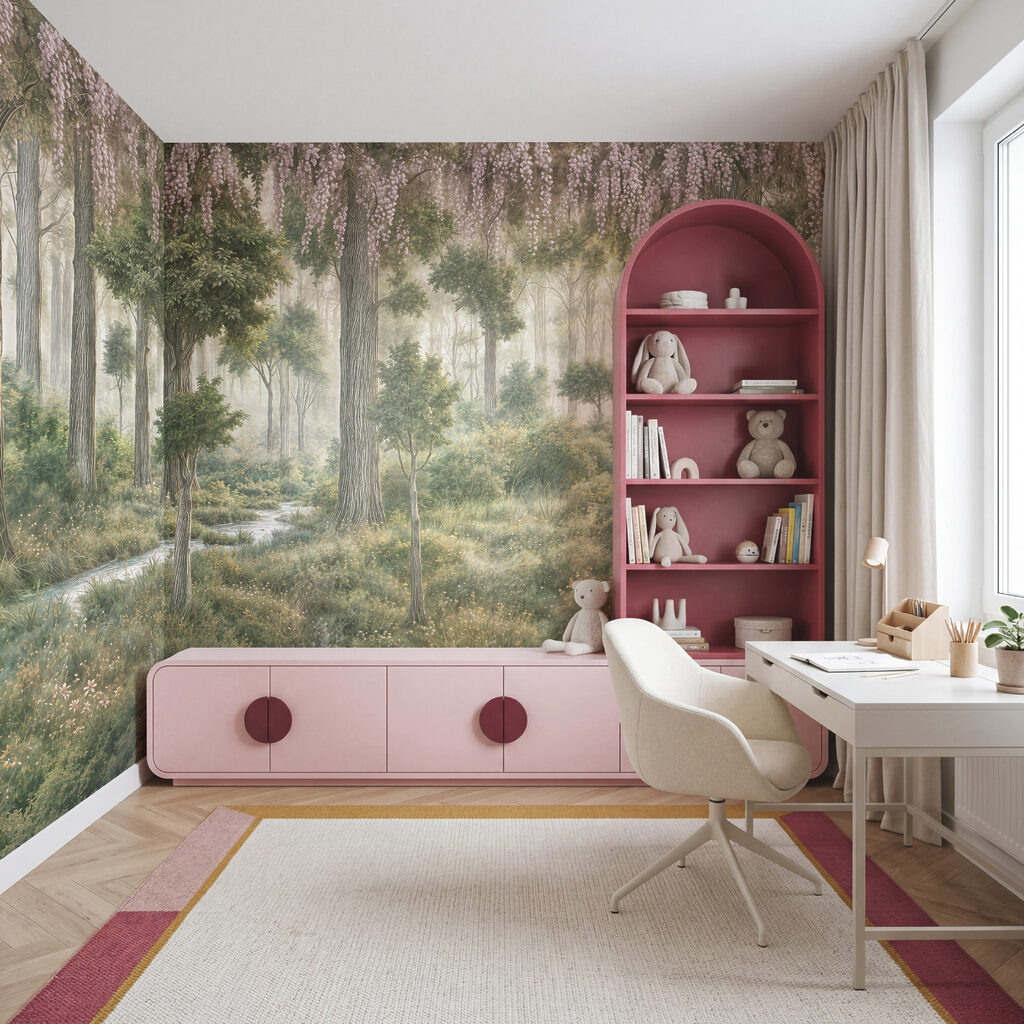 Sunbeams between tall trunks — interior 3