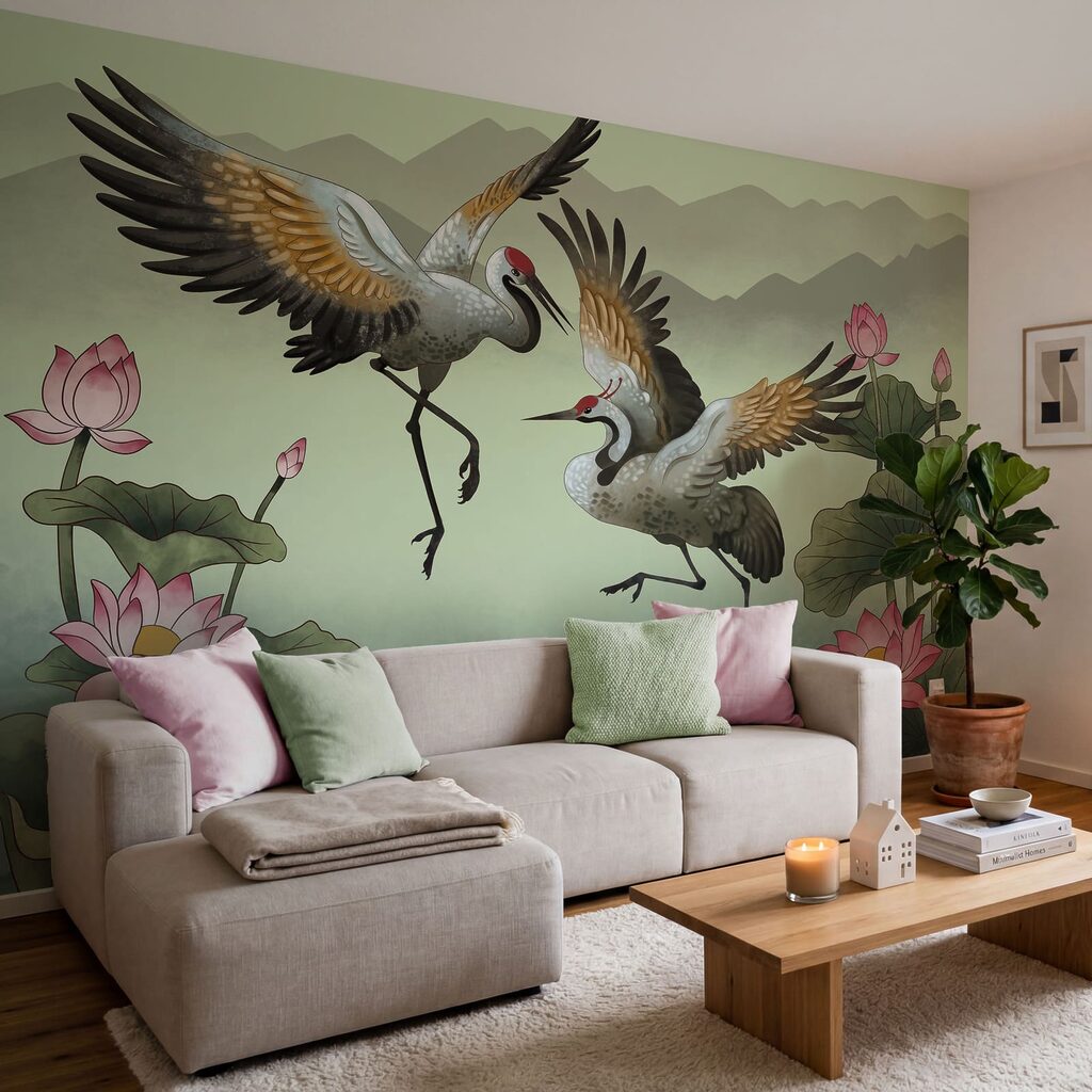 Cranes Over Lotus in an interior