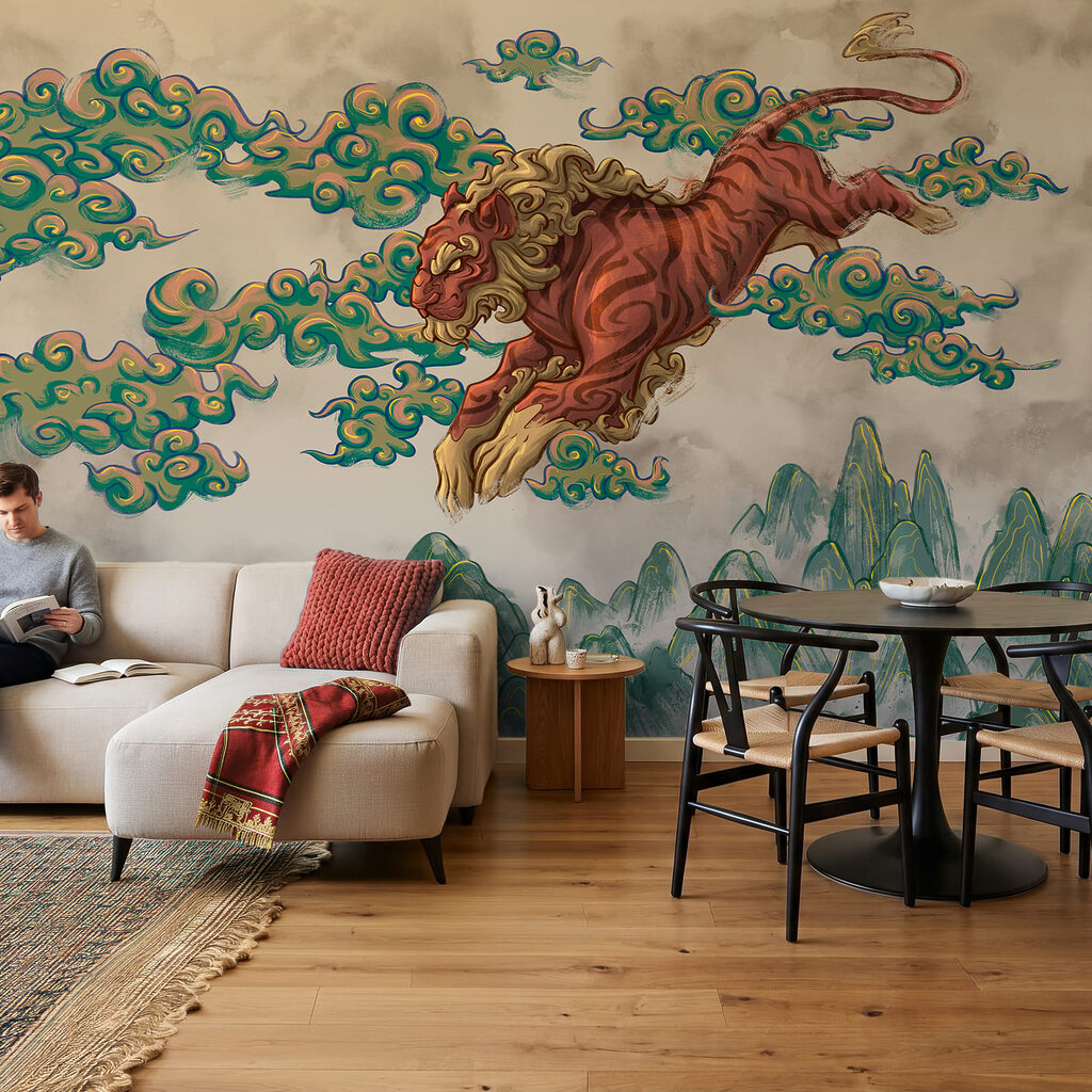 Tiger Above Mountains in an interior