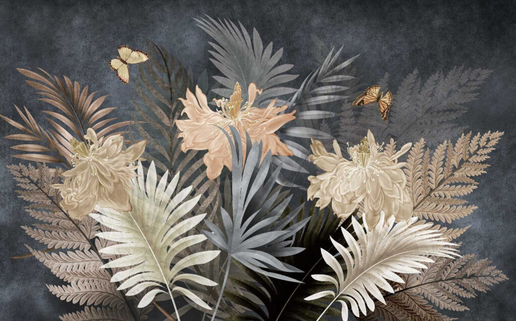 Flowers, ferns on grey — full design